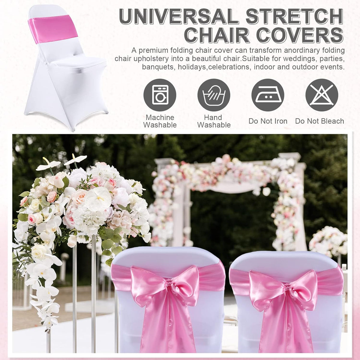 50 Pcs Folding Chair Cover Set, White, Pink