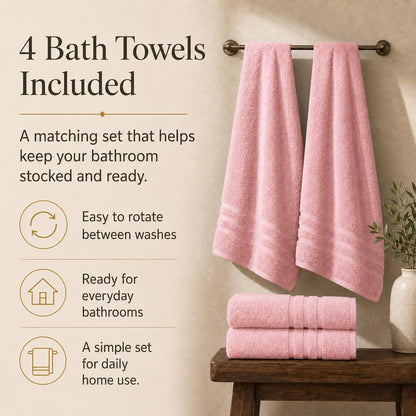 Large 100% Organic Cotton Bath Towels 4 Pack, 30x60 in, Pink