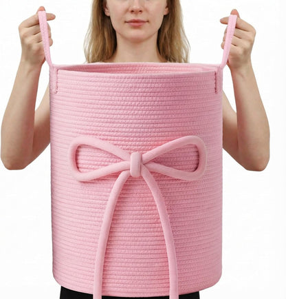 Pink Bow Laundry Basket Large Cotton Rope Storage Basket 16'' x 22'' Woven Laundry Hamper with Handles for Clothes Blanket Pillow Towels Living Room Bathroom Decor