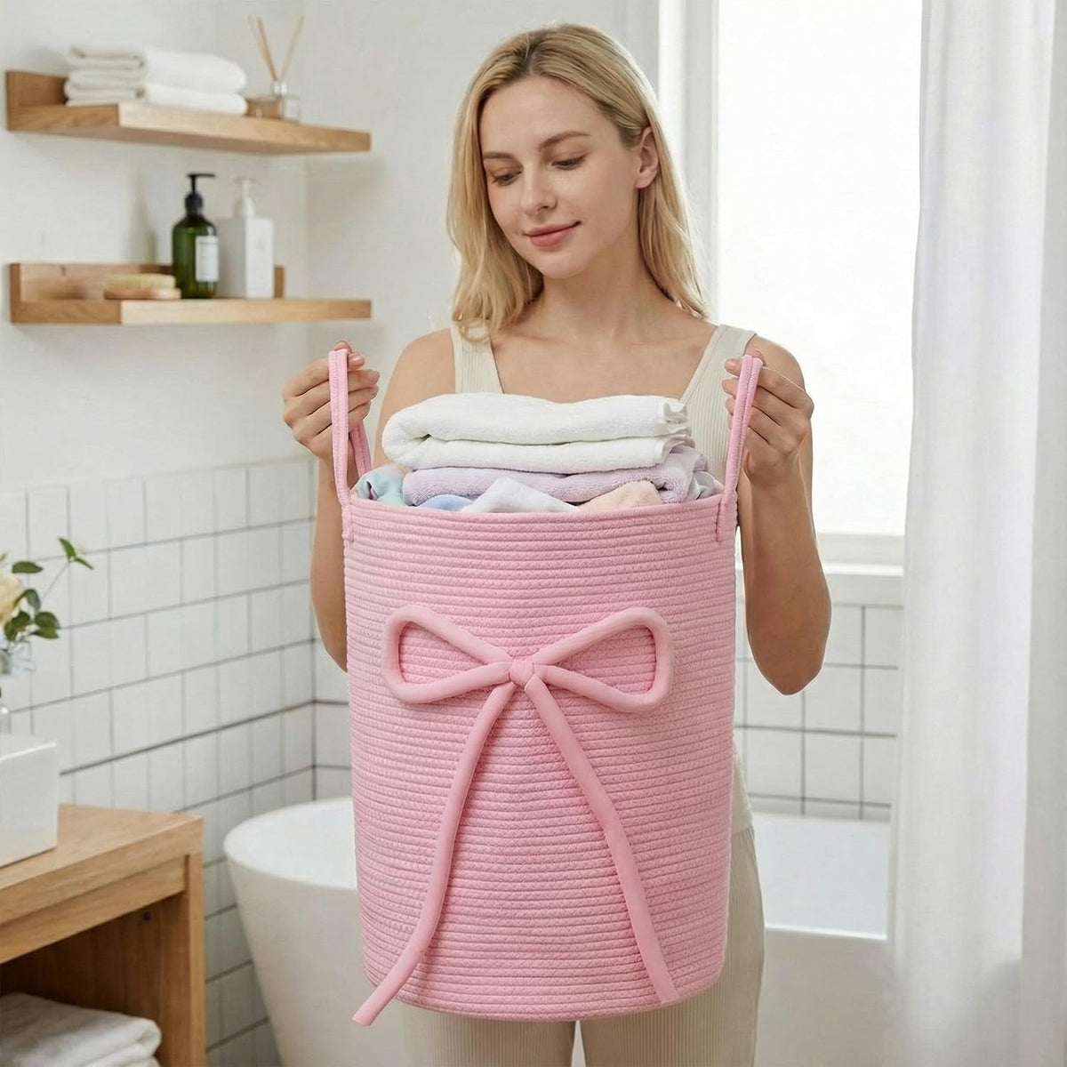 Pink Bow Laundry Basket Large Cotton Rope Storage Basket 16'' x 22'' Woven Laundry Hamper with Handles for Clothes Blanket Pillow Towels Living Room Bathroom Decor