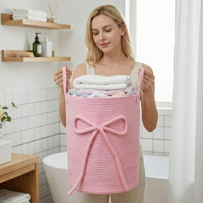 Pink Bow Laundry Basket Large Cotton Rope Storage Basket 16'' x 22'' Woven Laundry Hamper with Handles for Clothes Blanket Pillow Towels Living Room Bathroom Decor