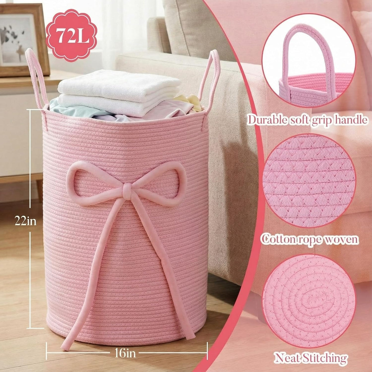 Pink Bow Laundry Basket Large Cotton Rope Storage Basket 16'' x 22'' Woven Laundry Hamper with Handles for Clothes Blanket Pillow Towels Living Room Bathroom Decor