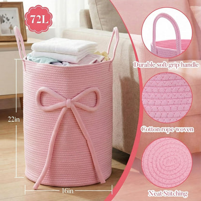 Pink Bow Laundry Basket Large Cotton Rope Storage Basket 16'' x 22'' Woven Laundry Hamper with Handles for Clothes Blanket Pillow Towels Living Room Bathroom Decor