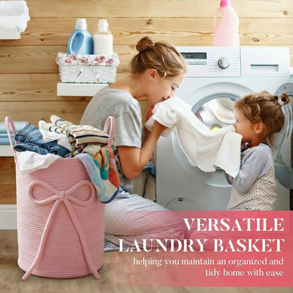 Pink Bow Laundry Basket Large Cotton Rope Storage Basket 16'' x 22'' Woven Laundry Hamper with Handles for Clothes Blanket Pillow Towels Living Room Bathroom Decor