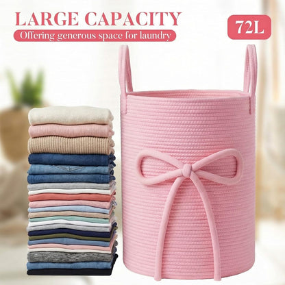 Pink Bow Laundry Basket Large Cotton Rope Storage Basket 16'' x 22'' Woven Laundry Hamper with Handles for Clothes Blanket Pillow Towels Living Room Bathroom Decor