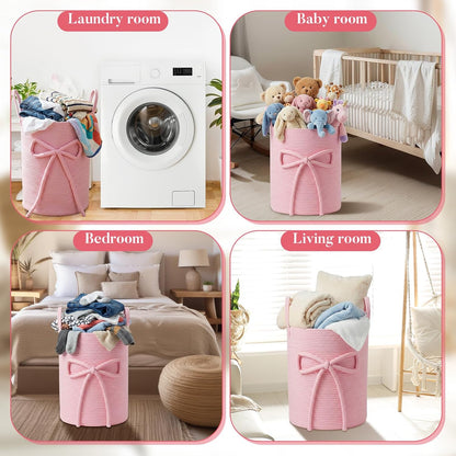 Pink Bow Laundry Basket Large Cotton Rope Storage Basket 16'' x 22'' Woven Laundry Hamper with Handles for Clothes Blanket Pillow Towels Living Room Bathroom Decor