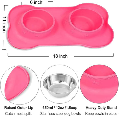 Dog Food Bowls Stainless Steel Pet Bowls & Dog Water Bowls with No-Spill and Non-Skid, Feeder Bowls with Dog Bowl Mat for Dogs Cats and Pets-Pink, 24 0z in Total