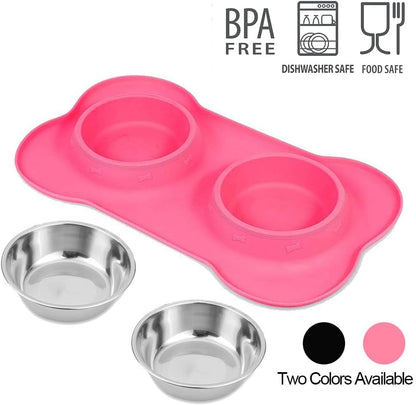 Dog Food Bowls Stainless Steel Pet Bowls & Dog Water Bowls with No-Spill and Non-Skid, Feeder Bowls with Dog Bowl Mat for Dogs Cats and Pets-Pink, 24 0z in Total