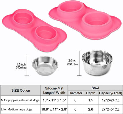 Dog Food Bowls Stainless Steel Pet Bowls & Dog Water Bowls with No-Spill and Non-Skid, Feeder Bowls with Dog Bowl Mat for Dogs Cats and Pets-Pink, 24 0z in Total