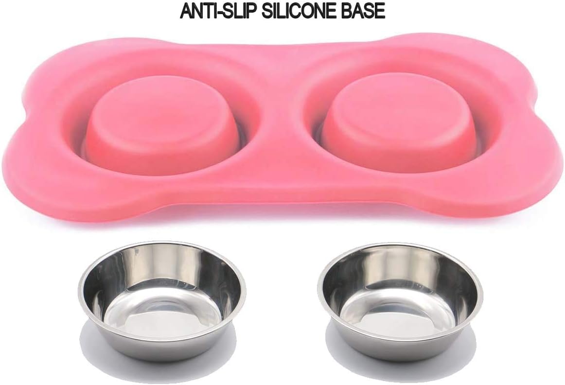 Dog Food Bowls Stainless Steel Pet Bowls & Dog Water Bowls with No-Spill and Non-Skid, Feeder Bowls with Dog Bowl Mat for Dogs Cats and Pets-Pink, 24 0z in Total