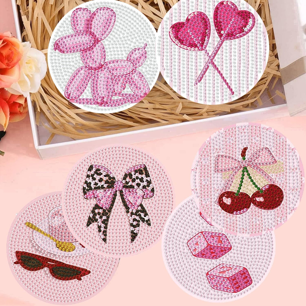 Diamond Art Coasters Kit for Adults, Pink Disco Diamond Painting Coasters