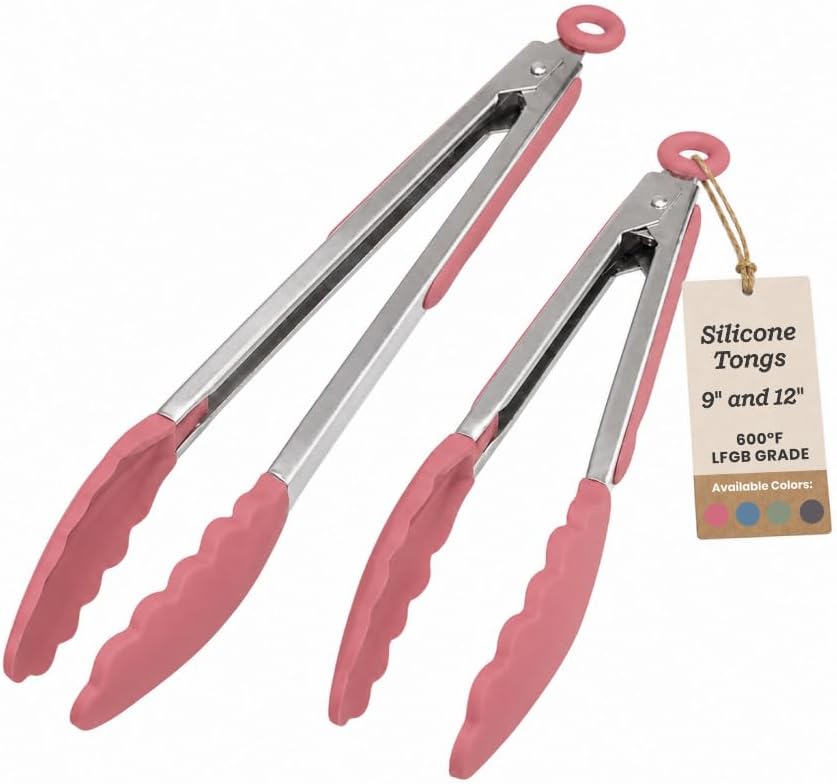 Starpack Get a Grip Silicone Kitchen Tongs (2-Pack, 9" + 12") - LFGB Non Toxic, 600°F Heat Resistant, BPA-Free - Heavy-Duty Stainless Steel, Locking - Dishwasher Safe for Nonstick Cookware