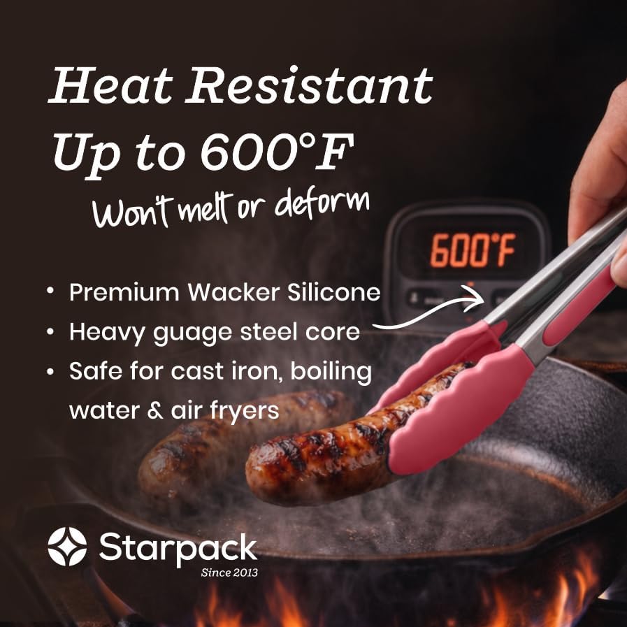 Starpack Get a Grip Silicone Kitchen Tongs (2-Pack, 9" + 12") - LFGB Non Toxic, 600°F Heat Resistant, BPA-Free - Heavy-Duty Stainless Steel, Locking - Dishwasher Safe for Nonstick Cookware