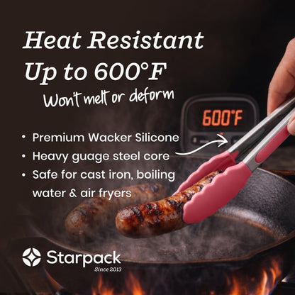 Starpack Get a Grip Silicone Kitchen Tongs (2-Pack, 9" + 12") - LFGB Non Toxic, 600°F Heat Resistant, BPA-Free - Heavy-Duty Stainless Steel, Locking - Dishwasher Safe for Nonstick Cookware