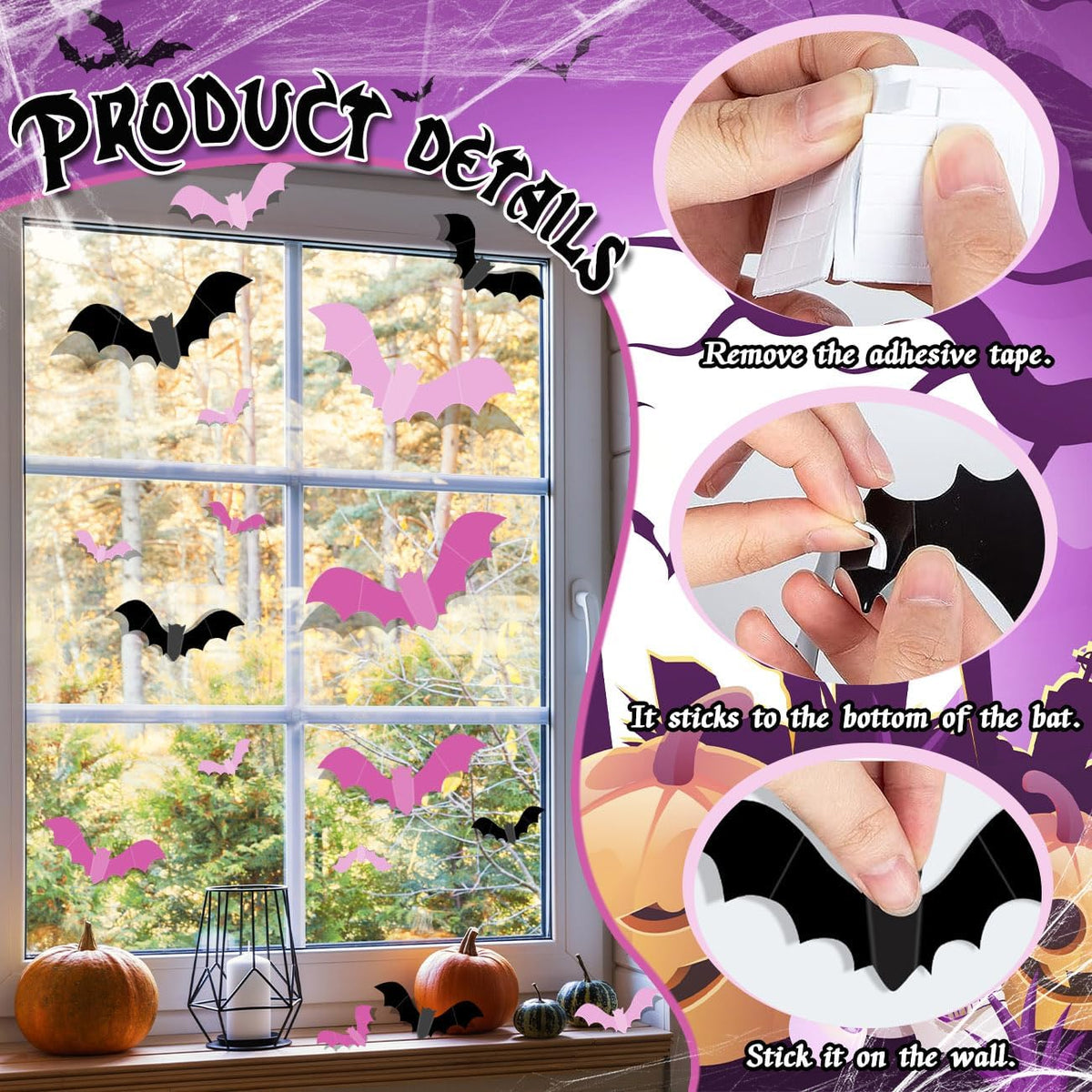 Pink Bats Wall Decor Halloween Bats Decoration Stickers
