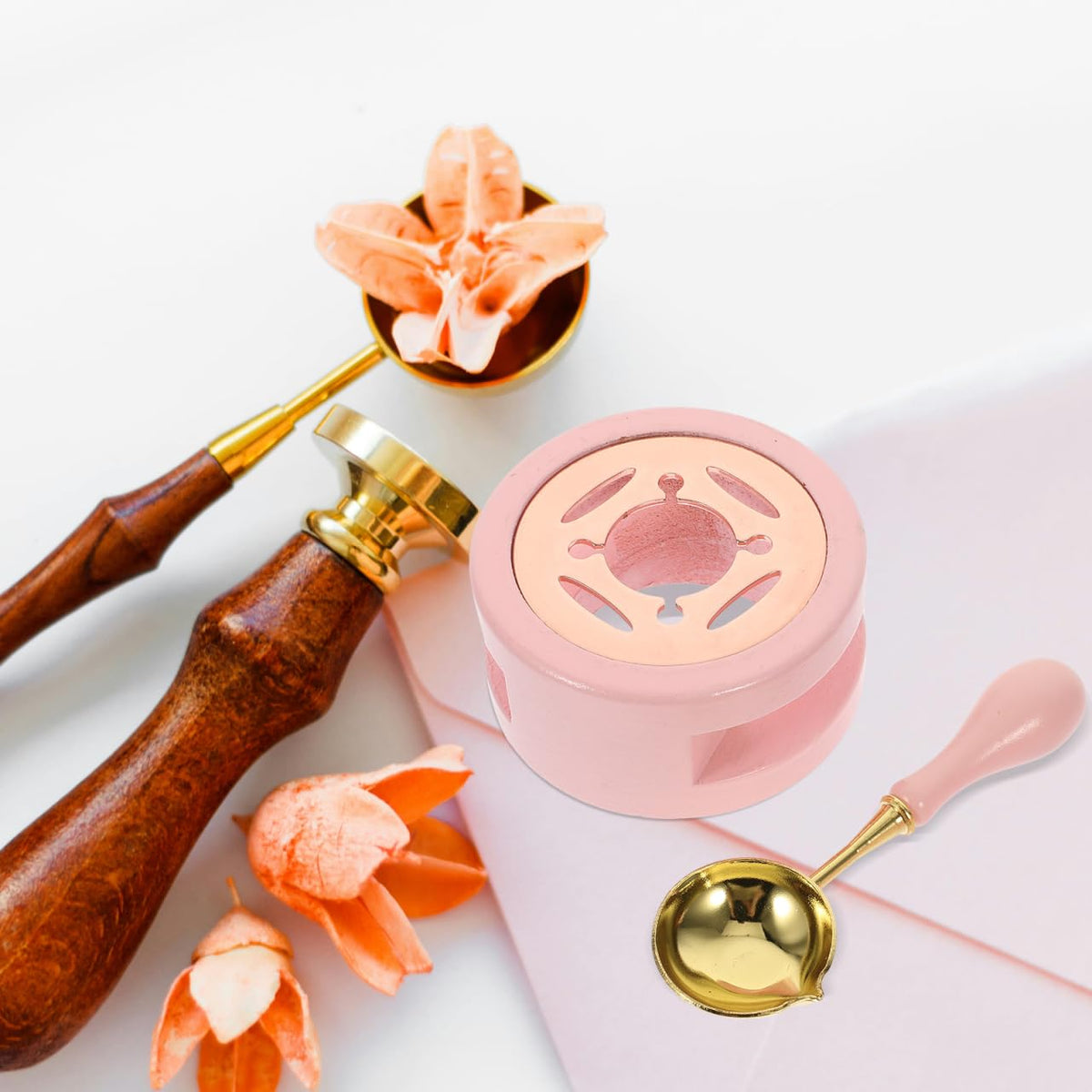 Wax Seal Warmer Set Wax Melting Kit for Stamp Seals Seal Spoon and Stamp Handle 3-piece Tool for DIY Craft Tabletop Decor Portable Gift for Beginners