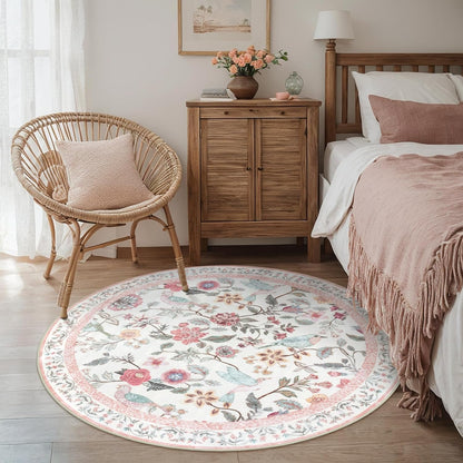 Pink Floral Round Rugs 4ft, Washable Boho Circle Rug for Girls Bedroom, Soft Non-Slip Botanical Nursery Circular Carpet, Modern Flower Birds Throw Rug for Kids Room Living Room