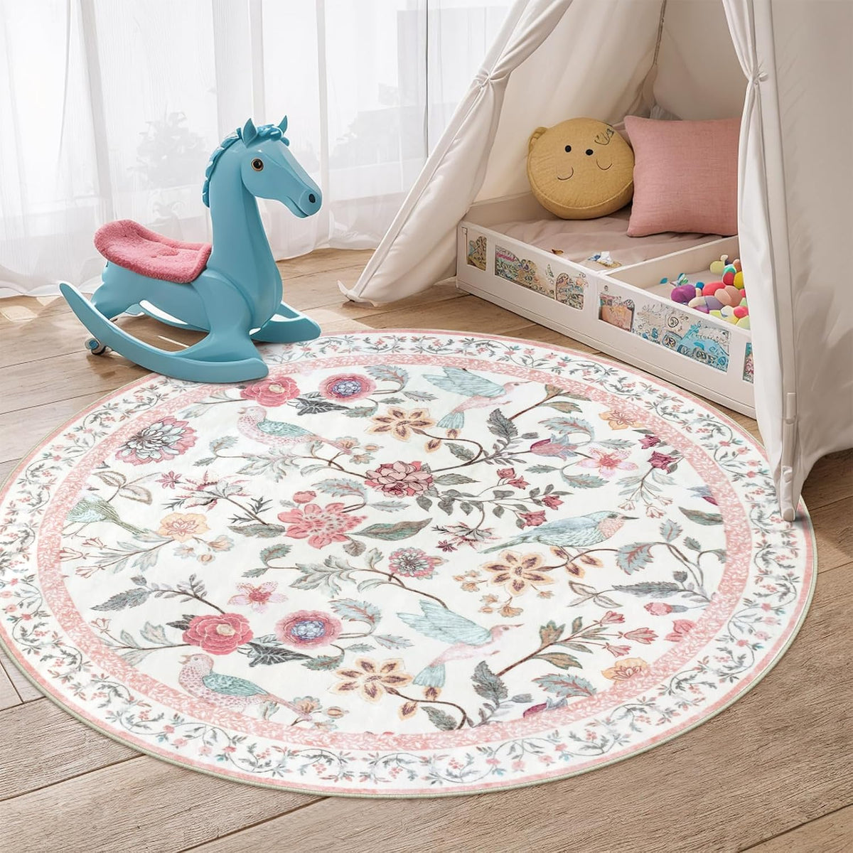 Pink Floral Round Rugs 4ft, Washable Boho Circle Rug for Girls Bedroom, Soft Non-Slip Botanical Nursery Circular Carpet, Modern Flower Birds Throw Rug for Kids Room Living Room