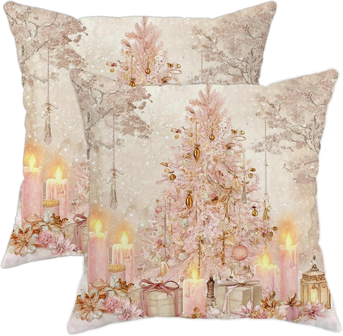 Christmas Tree Throw Pillow Covers, Festive Fanciful Candles Presents Xmas Peach Soft Velvet Washable Cover Decorative Pillows for Home Living Room Bedroom Dorm Couch Decor 12x12 Inch
