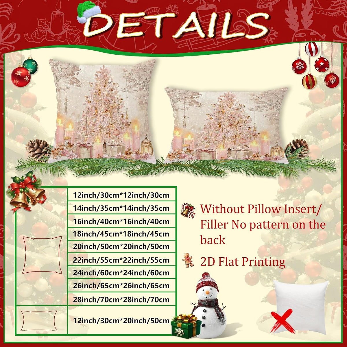 Christmas Tree Throw Pillow Covers, Festive Fanciful Candles Presents Xmas Peach Soft Velvet Washable Cover Decorative Pillows for Home Living Room Bedroom Dorm Couch Decor 12x12 Inch