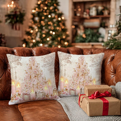 Christmas Tree Throw Pillow Covers, Festive Fanciful Candles Presents Xmas Peach Soft Velvet Washable Cover Decorative Pillows for Home Living Room Bedroom Dorm Couch Decor 12x12 Inch