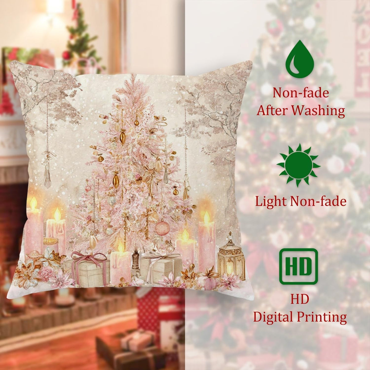 Christmas Tree Throw Pillow Covers, Festive Fanciful Candles Presents Xmas Peach Soft Velvet Washable Cover Decorative Pillows for Home Living Room Bedroom Dorm Couch Decor 12x12 Inch