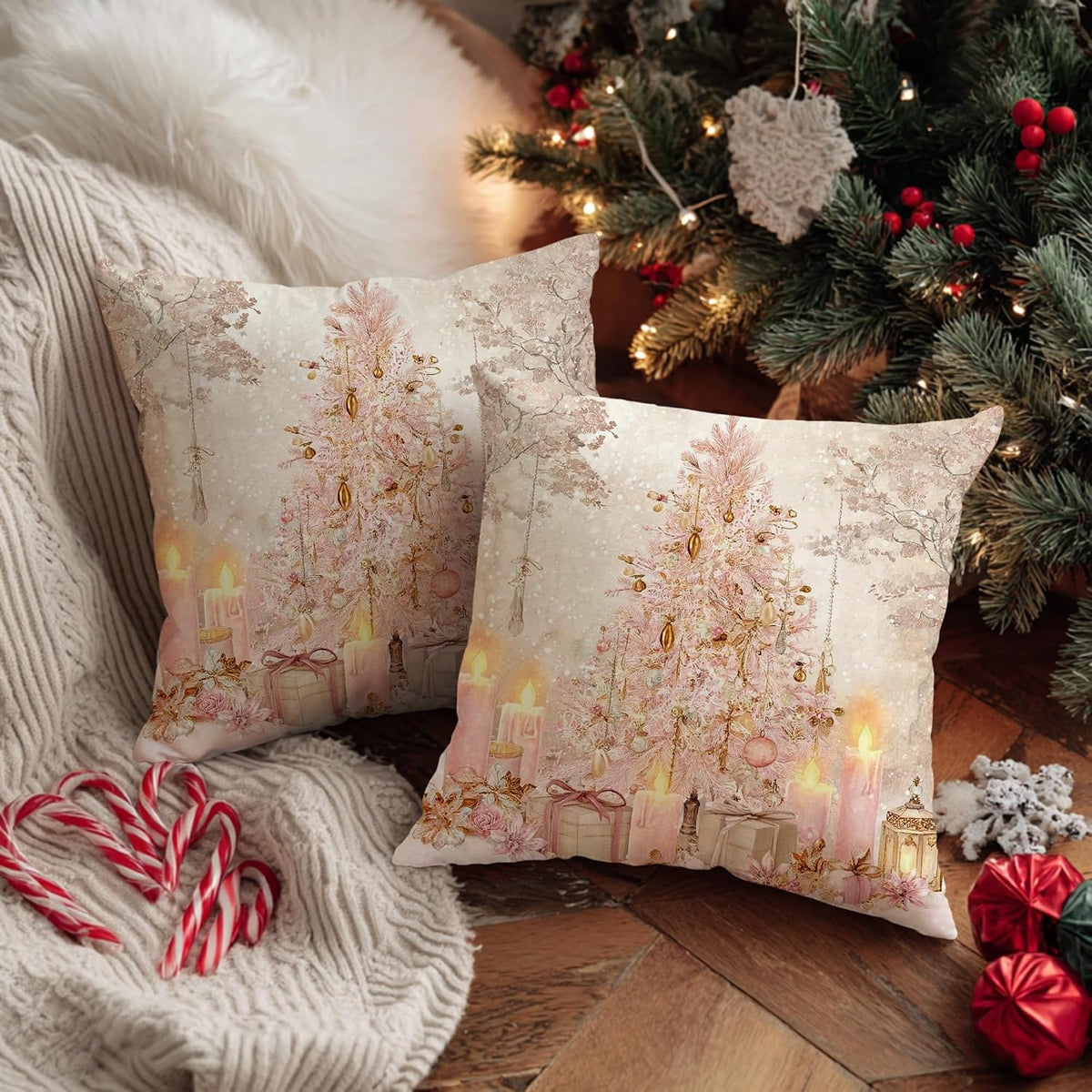 Christmas Tree Throw Pillow Covers, Festive Fanciful Candles Presents Xmas Peach Soft Velvet Washable Cover Decorative Pillows for Home Living Room Bedroom Dorm Couch Decor 12x12 Inch