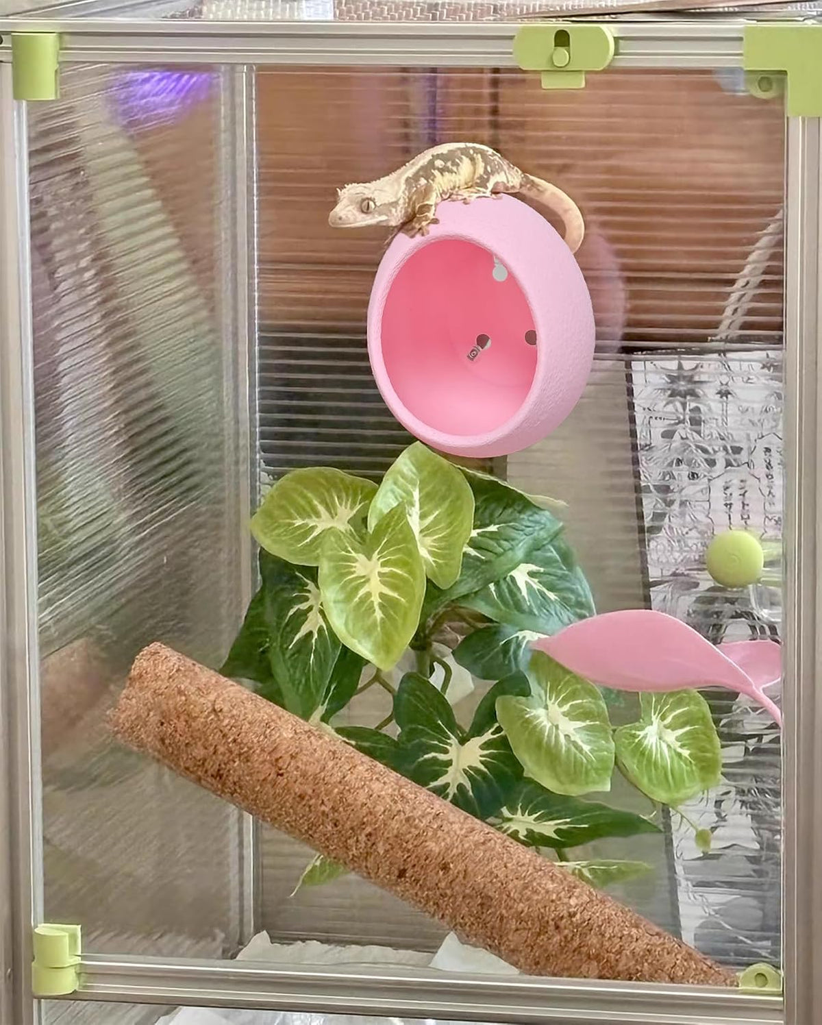 Reptile Hide Cave Plastic Egg Shape Hideout, Gecko Hide with Strong Suction Cups Climbing Toys Reptile Shelter Sleeping Cave for Arboreal Reptiles, Frogs, Spiders Terrarium Decor - Pink