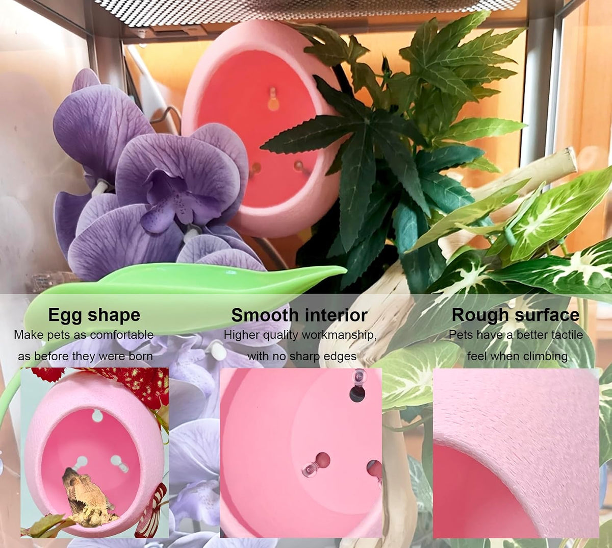 Reptile Hide Cave Plastic Egg Shape Hideout, Gecko Hide with Strong Suction Cups Climbing Toys Reptile Shelter Sleeping Cave for Arboreal Reptiles, Frogs, Spiders Terrarium Decor - Pink
