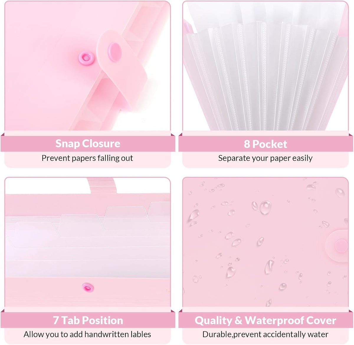 Accordion File Organizer, Expanding File Folder with 8 Pockets, Portable Document Paper Organizer, Letter/A4 Size Filing Folder，School Office Supplies Hospital Bag Essentials Pink