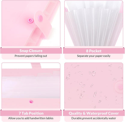 Accordion File Organizer, Expanding File Folder with 8 Pockets, Portable Document Paper Organizer, Letter/A4 Size Filing Folder，School Office Supplies Hospital Bag Essentials Pink
