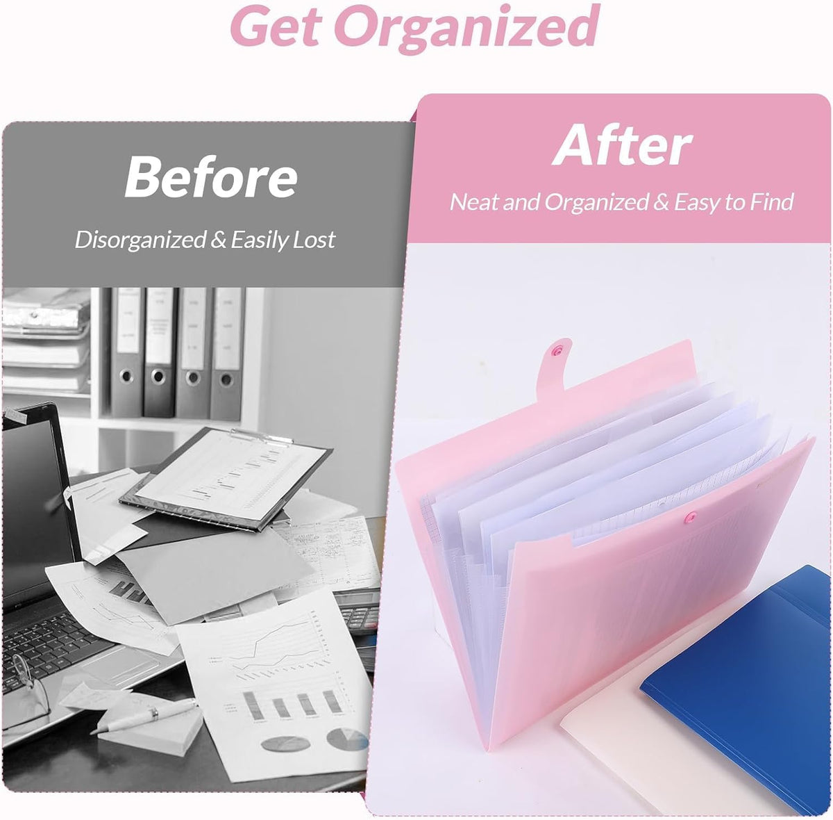 Accordion File Organizer, Expanding File Folder with 8 Pockets, Portable Document Paper Organizer, Letter/A4 Size Filing Folder，School Office Supplies Hospital Bag Essentials Pink