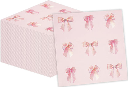50 Pcs Pink Bow Napkins Party Supplies Decorations, 6.5Inch Pink Paper Luncheon Cocktail Napkins Disposable Tableware Supplies for Coquette Girls Birthday Bridal Engagement Baby Shower Tea Party