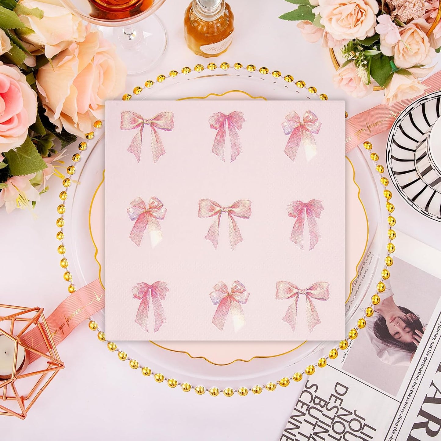 50 Pcs Pink Bow Napkins Party Supplies Decorations, 6.5Inch Pink Paper Luncheon Cocktail Napkins Disposable Tableware Supplies for Coquette Girls Birthday Bridal Engagement Baby Shower Tea Party
