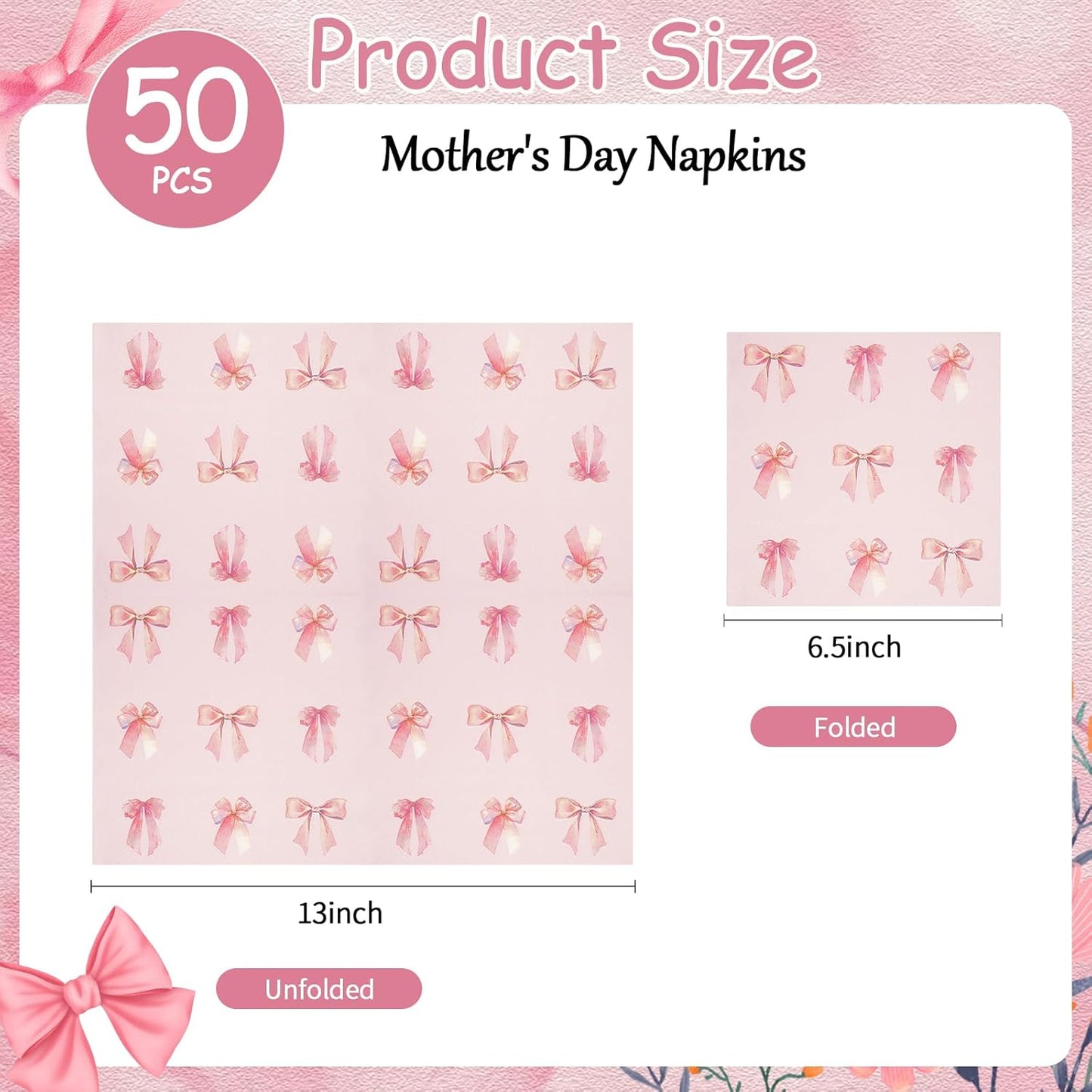 50 Pcs Pink Bow Napkins Party Supplies Decorations, 6.5Inch Pink Paper Luncheon Cocktail Napkins Disposable Tableware Supplies for Coquette Girls Birthday Bridal Engagement Baby Shower Tea Party