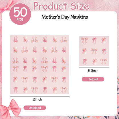 50 Pcs Pink Bow Napkins Party Supplies Decorations, 6.5Inch Pink Paper Luncheon Cocktail Napkins Disposable Tableware Supplies for Coquette Girls Birthday Bridal Engagement Baby Shower Tea Party