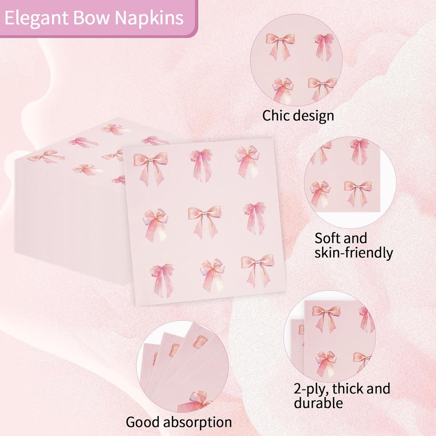 50 Pcs Pink Bow Napkins Party Supplies Decorations, 6.5Inch Pink Paper Luncheon Cocktail Napkins Disposable Tableware Supplies for Coquette Girls Birthday Bridal Engagement Baby Shower Tea Party