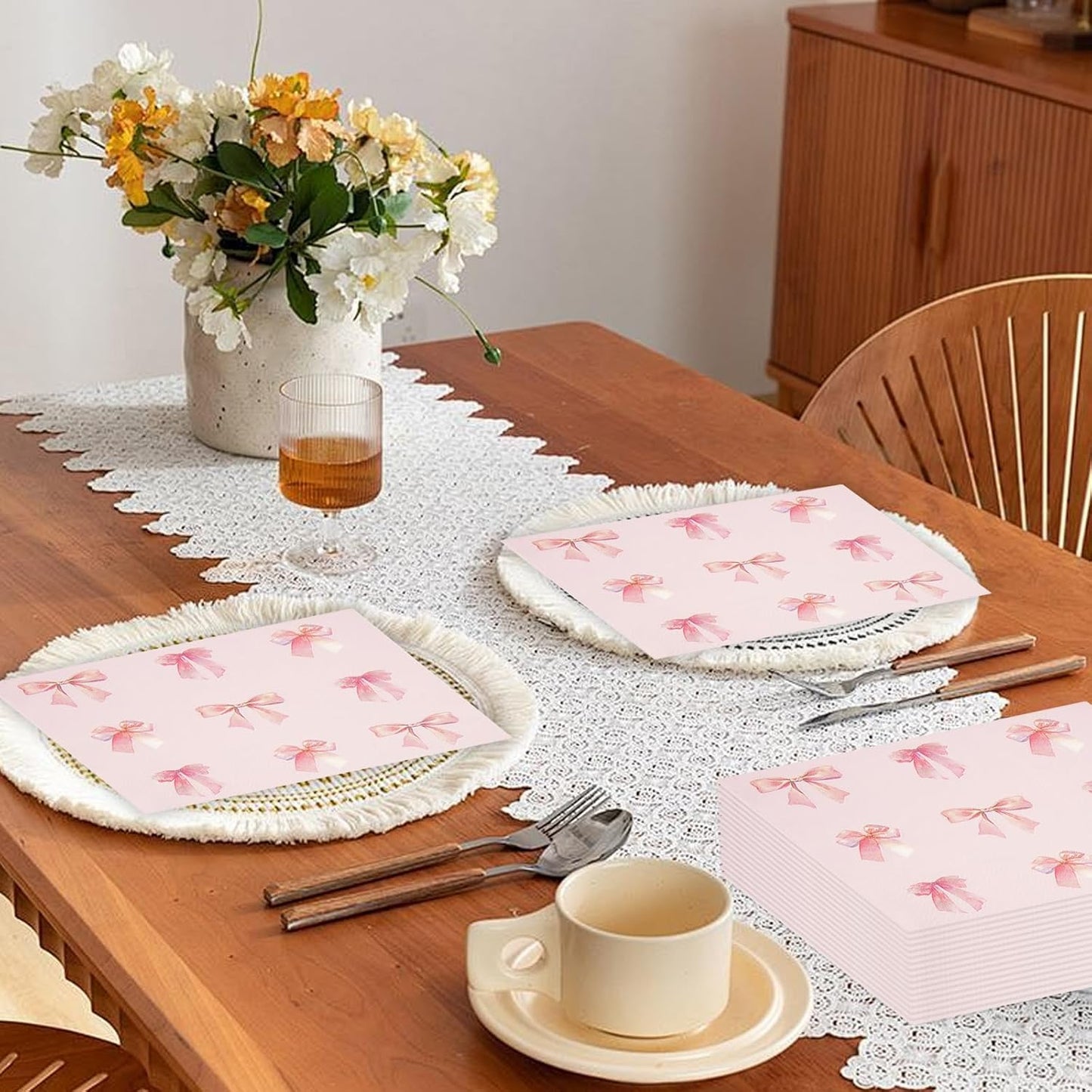 50 Pcs Pink Bow Napkins Party Supplies Decorations, 6.5Inch Pink Paper Luncheon Cocktail Napkins Disposable Tableware Supplies for Coquette Girls Birthday Bridal Engagement Baby Shower Tea Party