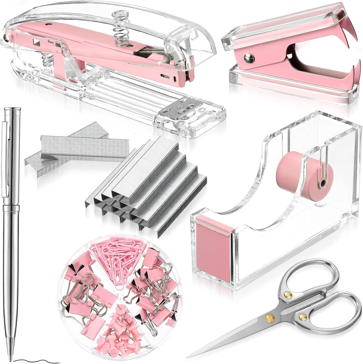 Pink Office Supplies Set Desk Accessory Kit, Acrylic Stapler Set