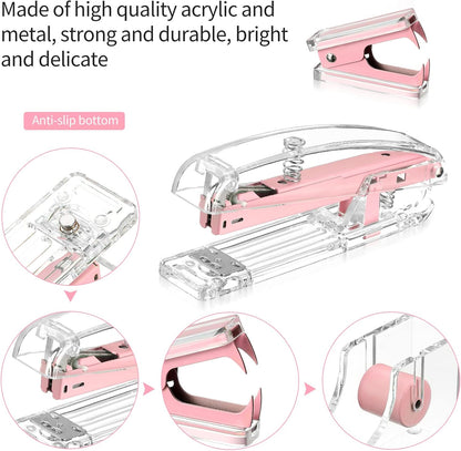 Pink Office Supplies Set Desk Accessory Kit, Acrylic Stapler Set