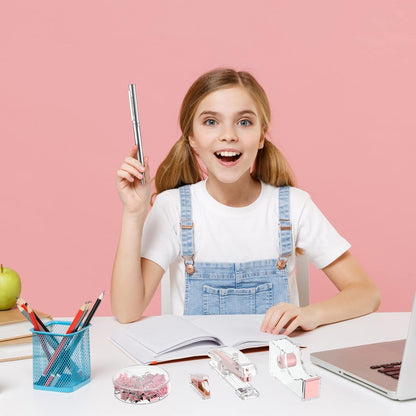 Pink Office Supplies Set Desk Accessory Kit, Acrylic Stapler Set