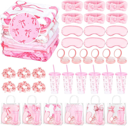 42PCS Sleepover Party Supplies for Girls, 6 Pink Bow Blanket 6 Tumbler 6 Spa Headb 6 Sleep Eye Mask 6 Scrunchies 6 Bags 6 Mirrors Combs for Spa Birthday Slumber Party Gifts-Pink Bow