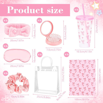 42PCS Sleepover Party Supplies for Girls, 6 Pink Bow Blanket 6 Tumbler 6 Spa Headb 6 Sleep Eye Mask 6 Scrunchies 6 Bags 6 Mirrors Combs for Spa Birthday Slumber Party Gifts-Pink Bow