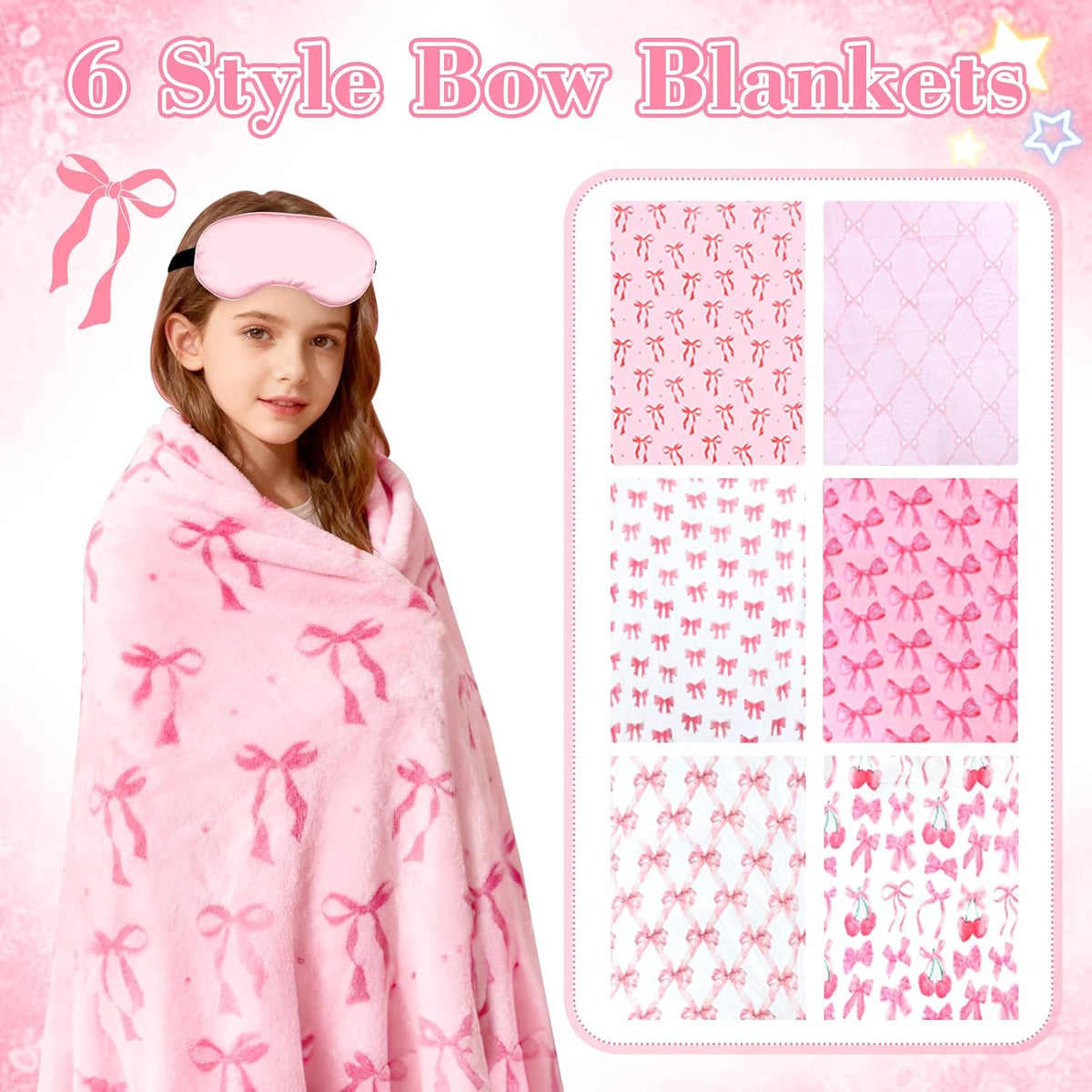 42PCS Sleepover Party Supplies for Girls, 6 Pink Bow Blanket 6 Tumbler 6 Spa Headb 6 Sleep Eye Mask 6 Scrunchies 6 Bags 6 Mirrors Combs for Spa Birthday Slumber Party Gifts-Pink Bow