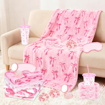 42PCS Sleepover Party Supplies for Girls, 6 Pink Bow Blanket 6 Tumbler 6 Spa Headb 6 Sleep Eye Mask 6 Scrunchies 6 Bags 6 Mirrors Combs for Spa Birthday Slumber Party Gifts-Pink Bow