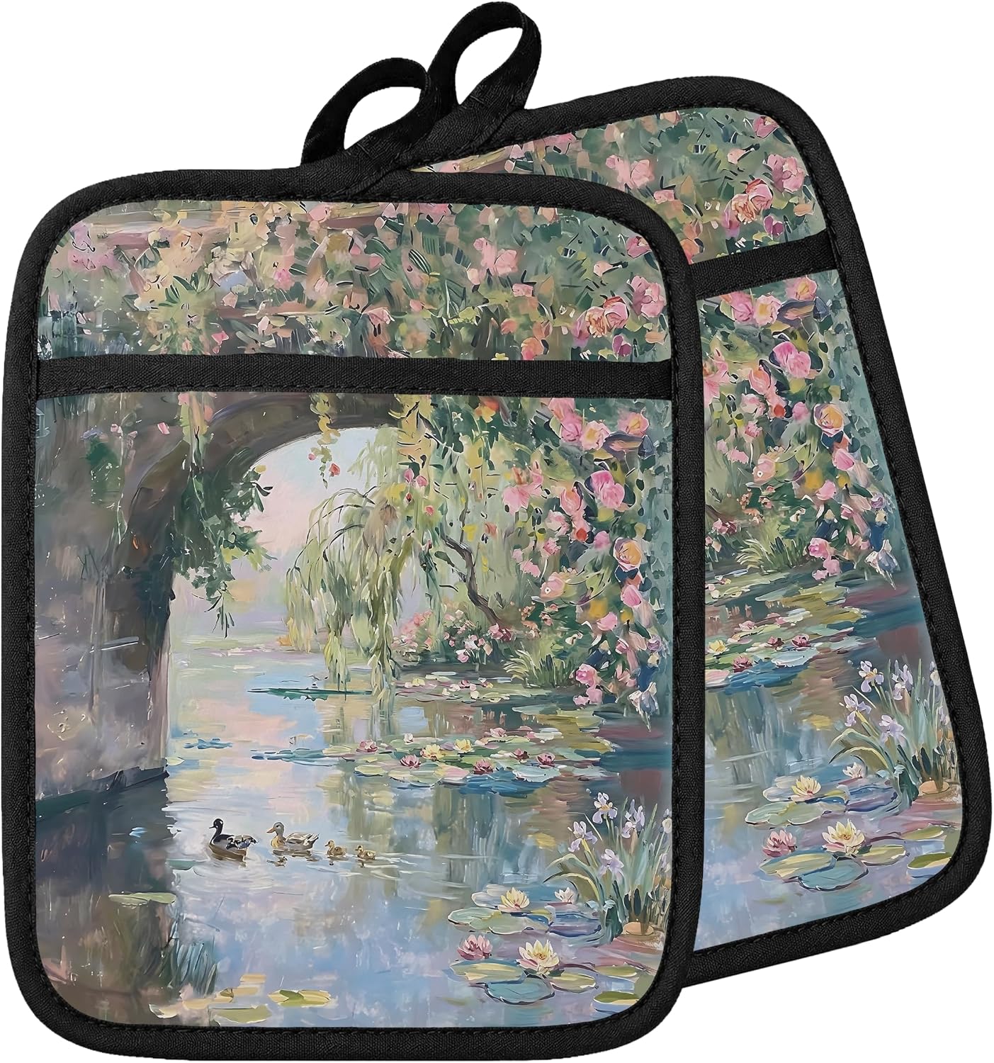 Pink Floral Duck Duckling Pot Holders for Kitchen, Abstract Impressionist Water Lily Pond Duck Country Landscape Oven Potholders with Pockets Heat Resistant Hot Pads