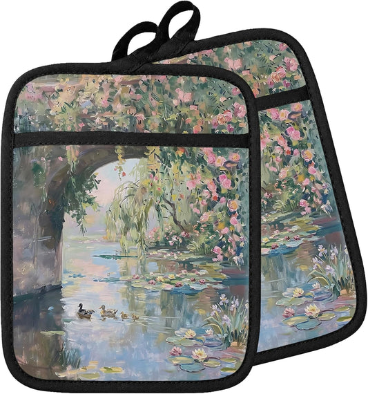 Pink Floral Duck Duckling Pot Holders for Kitchen, Abstract Impressionist Water Lily Pond Duck Country Landscape Oven Potholders with Pockets Heat Resistant Hot Pads