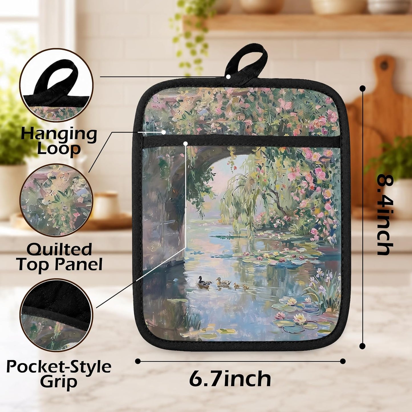 Pink Floral Duck Duckling Pot Holders for Kitchen, Abstract Impressionist Water Lily Pond Duck Country Landscape Oven Potholders with Pockets Heat Resistant Hot Pads