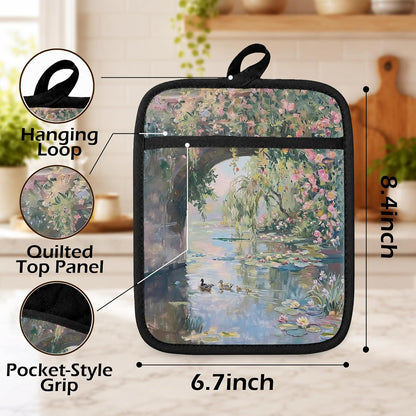 Pink Floral Duck Duckling Pot Holders for Kitchen, Abstract Impressionist Water Lily Pond Duck Country Landscape Oven Potholders with Pockets Heat Resistant Hot Pads