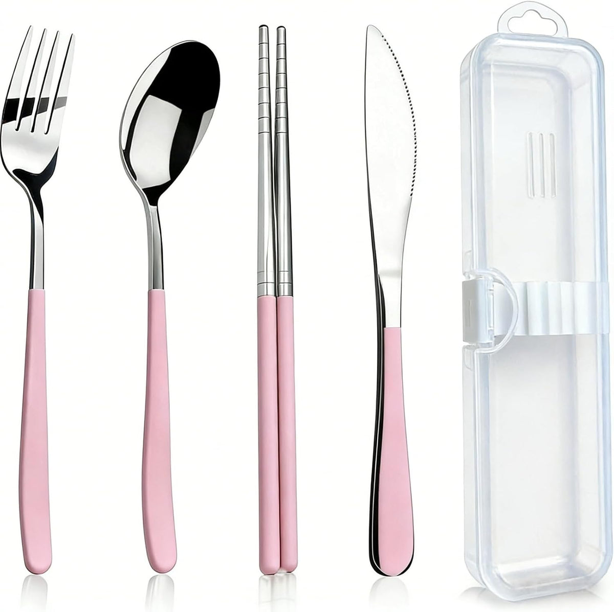 Reusable Travel Utensils Set - 5-Piece Stainless Steel Cutlery with Case, Portable Silverware for Camping, Office & Lunch Box, Eco-Friendly On-the-Go Flatware Kit (Pink)